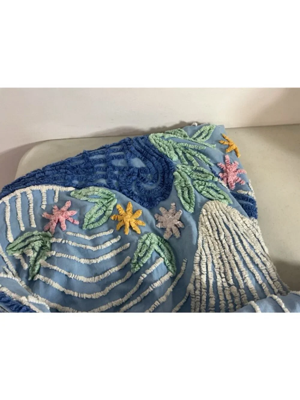 Vintage Chenille Flower Basket and Blue Ribbon Bedspread Full